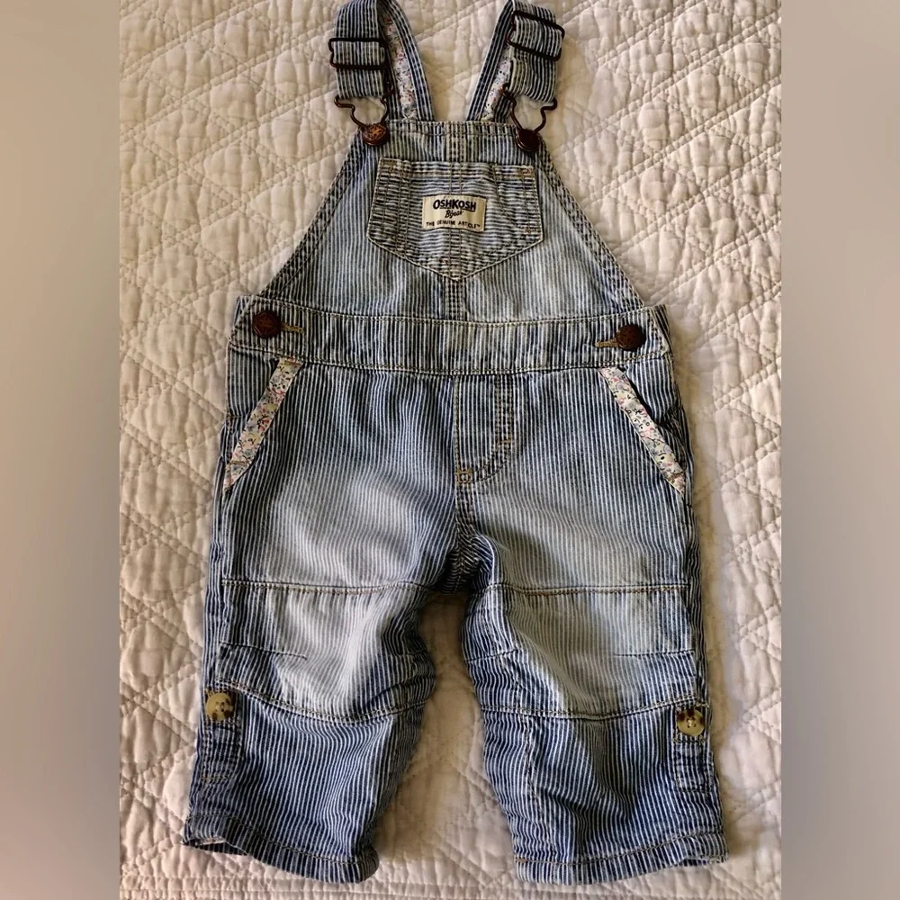 OshKosh B'gosh Navy Striped Overalls w/Pink Flowers